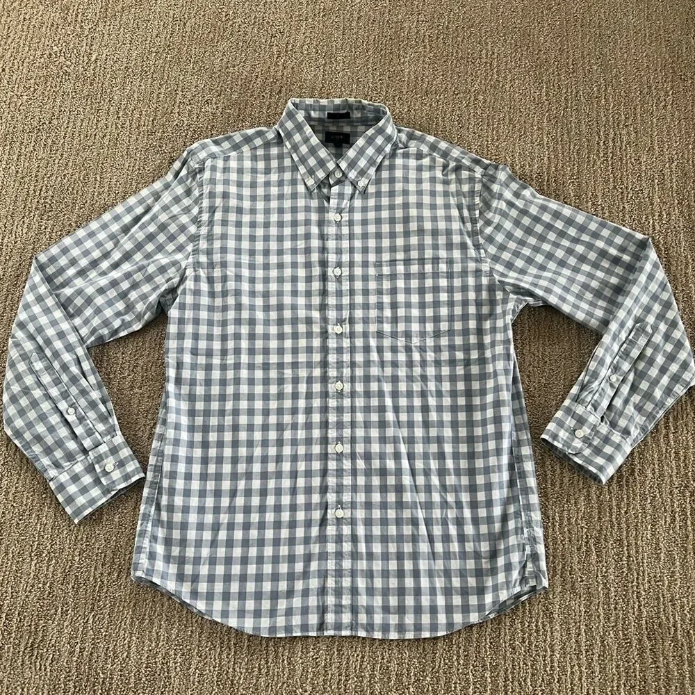 J. Crew Mens Blue and White Checkered Button Down Shirt